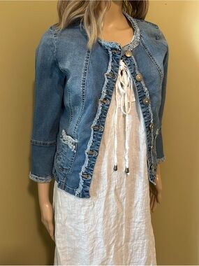 Frayed Jeweled Denim Jacket Women’s Size 40 Bell Sleeve
